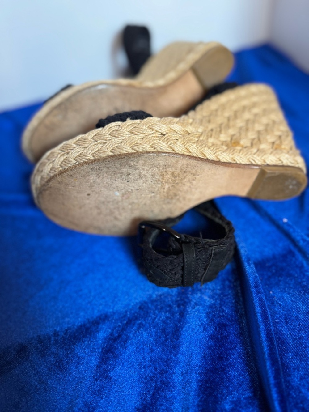 Stuart Weitzman Black Braided Espadrille Wedge Sandals with Ankle Wrap - Picture 6 of 8